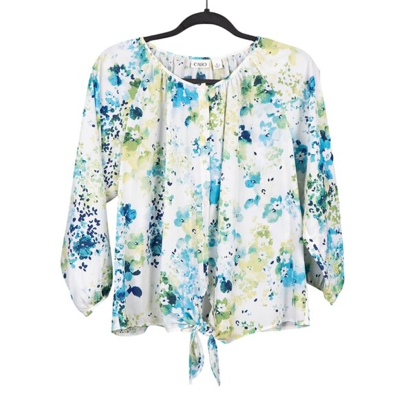 Cato Floral Blouse M Womens New Print Button Up Tie 3/4 Sleeve White Blue Green - Picture 1 of 7